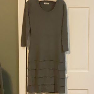 Gray scoop neck long sleeve sweater dress with ruffle bottom